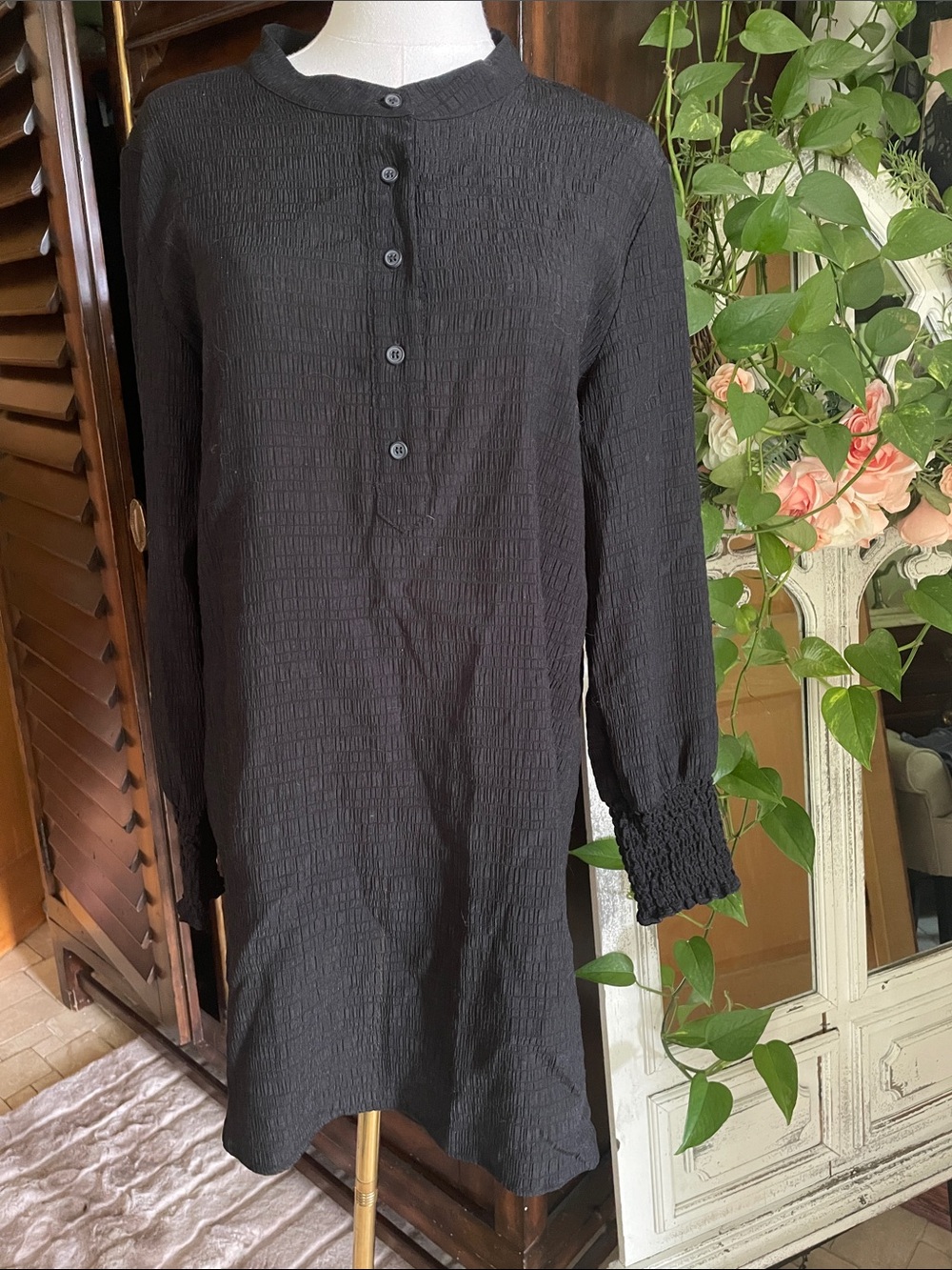 Steve Madden Summer Gauze Black Long-Sleeve Button Shirt Dress Medium